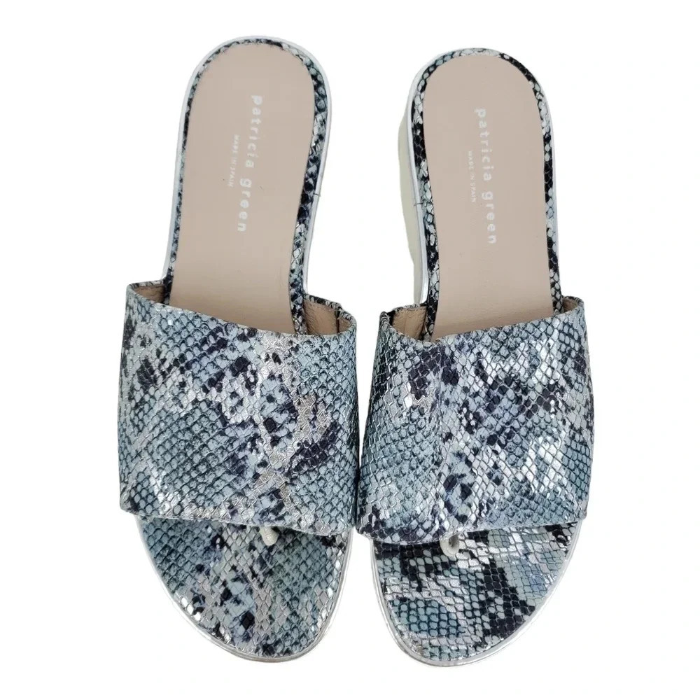 Patricia Green Snake Print Sandal Thong Strap Platform Slide Leather
